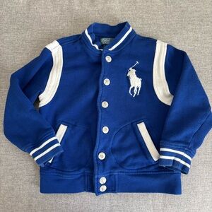 Vintage 90s Boys Kid POLO Ralph Lauren Blue and White Crew Varsity Jacket Size 5